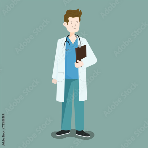 Smiling male doctor or physician holding a clipboard and stethoscope