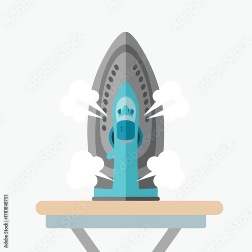 Illustration of a steaming iron on an ironing board.