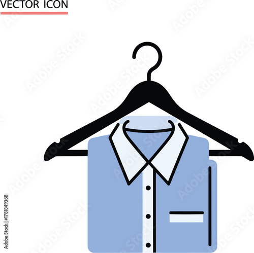 A light blue collared shirt neatly folded and hanging on a black wooden hanger, presented as a clean vector graphic icon.