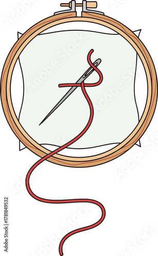 A vector illustration of a needle with red thread stitching on fabric held within a wooden embroidery hoop.