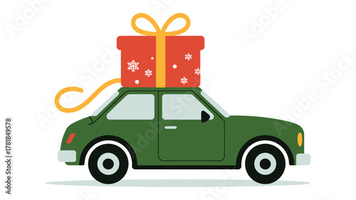 Holiday Delivery: A vibrant illustration of a festive car, laden with a beautifully wrapped gift, symbolizing the spirit of giving and seasonal cheer. 