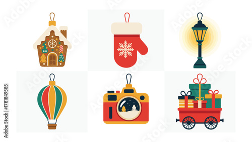 Festive Ornaments: A charming array of whimsical ornaments evoking a sense of festive cheer, each a miniature symbol of holiday joy, including a gingerbread house, a mitten, and a lamp post.