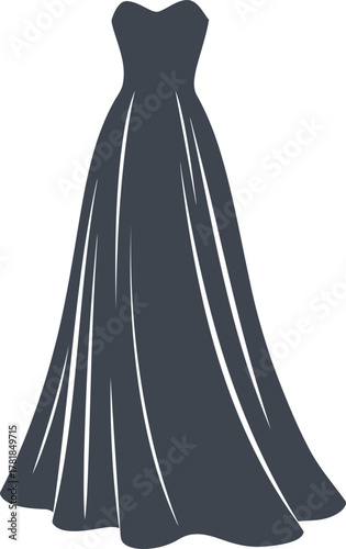 A silhouette of a dark gray, floor-length ball gown with a sweetheart neckline and a full, flowing skirt.
