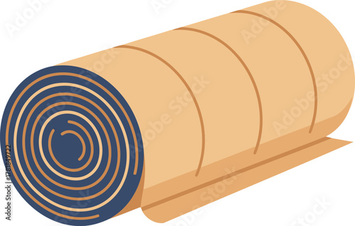 A rolled-up beige mat with a dark blue spiral pattern visible on the end.