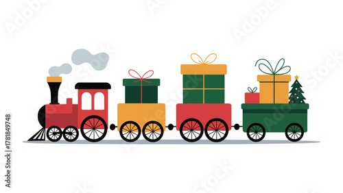 Festive Train of Gifts: A vibrant illustration of a holiday train, its carriages brimming with colorful gifts and a Christmas tree, all set against a clean backdrop.  