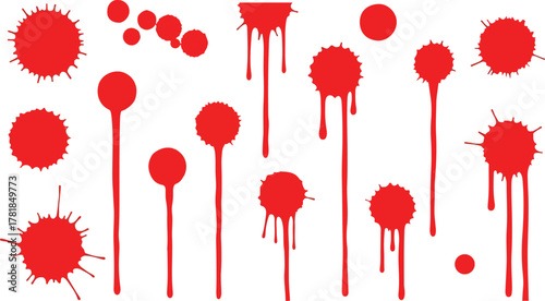 Red blots and drips of varying sizes on a white background