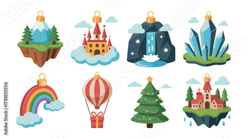 Magical Ornaments: A captivating illustration showcases a collection of enchanting Christmas ornaments, each a unique miniature world, evoking a sense of wonder and festive cheer.