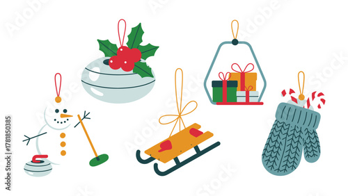 Festive Winter Ornaments: A charming collection of handcrafted ornaments, each with unique holiday motifs. The scene features a snowman, a sleigh, and more, all ready to enhance the spirit of winter.