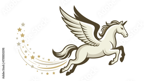 Majestic Pegasus in Flight: A magnificent winged Pegasus soars gracefully, its presence radiating both strength and elegance, trailed by sparkling stars, symbolizing fantasy and magic.