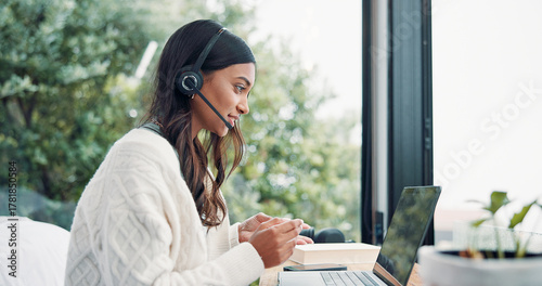 Fotografia Woman, remote work and headset with laptop at house for consultation, customer support and advice