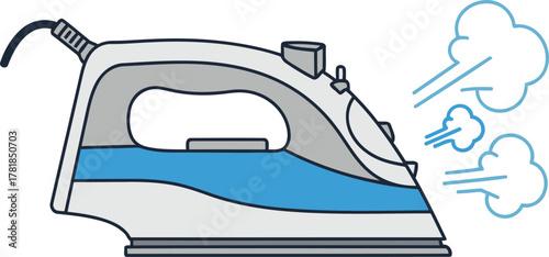 An illustration of a steam iron, showing the appliance with steam emitting from the front.