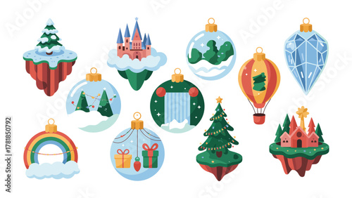 Christmas Ornament Illustrations: A collection of delightful Christmas ornaments, each showcasing a unique winter wonderland scene, creating a sense of joy and festive cheer.