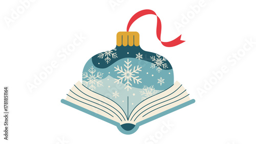 Festive Storybook: An open book, revealing a winter wonderland inside a Christmas ornament, symbolizing stories and holiday cheer.