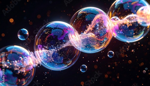 Iridescent Soap Bubbles Floating in Dark Space with Colorful Reflections.