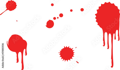 Red blots splatters drips scattered on a white background