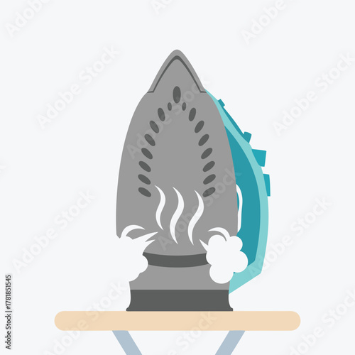 A close-up illustration of a steam iron on an ironing board, emitting steam from its soleplate.