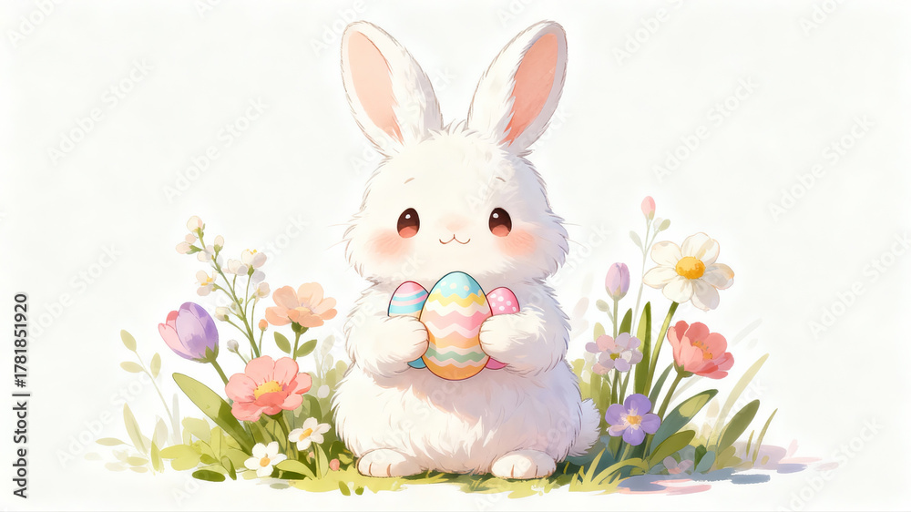 Obraz premium Cute white bunny holding egg, Easter egg