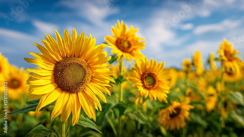 夏の日差しと青空の下のひまわり畑 - 元気、希望、明るさを伝える風景素材