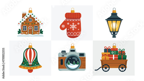 Christmas Decoration: A collection of festive icons, including a gingerbread house, mitten, lamp, ornament, camera, and a wagon filled with gifts, all meticulously designed for the holiday spirit.