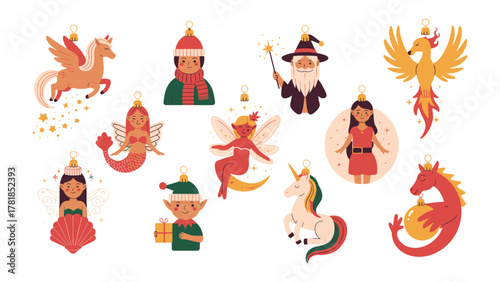 Whimsical Festive Ornaments: A charming array of festive ornaments showcasing magical creatures and figures, adding a touch of fantasy to holiday decorations and celebrations.