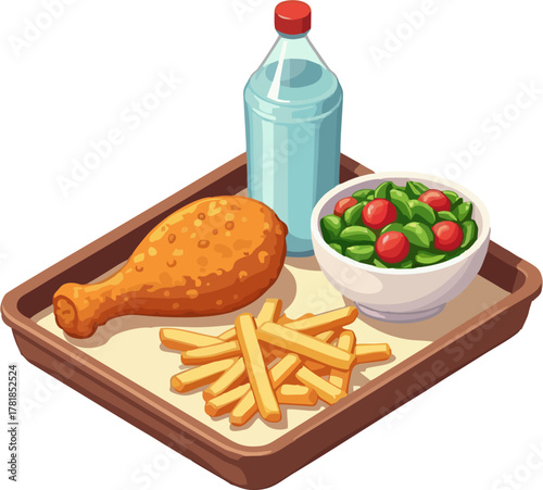 Isometric Fast Food Tray with Fried Chicken, French Fries, Fresh Salad, and Water Bottle – Vector Illustration for Restaurant Menu and Food Delivery
