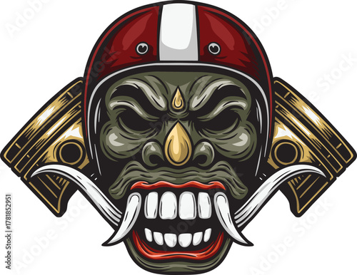 Celuluk racing mask with helmet and pistons — bold, fierce, powerful character, symbolizing speed and raw machine energy.