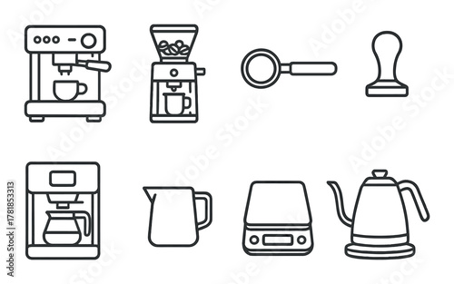 Collection of coffee brewing equipment icons on a metallic background