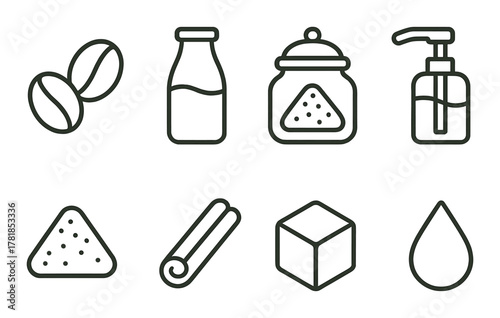 Coffee and sugar icons set on brown background featuring line style graphics