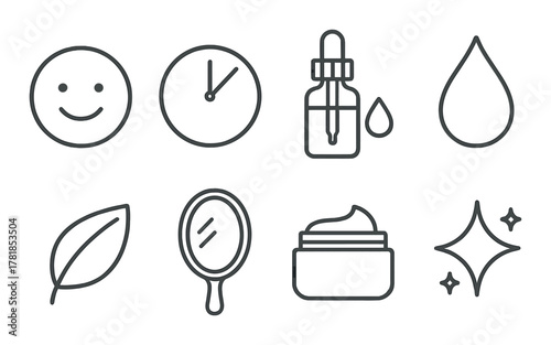 Skincare icons: smiley, clock, dropper, leaf, mirror, cream