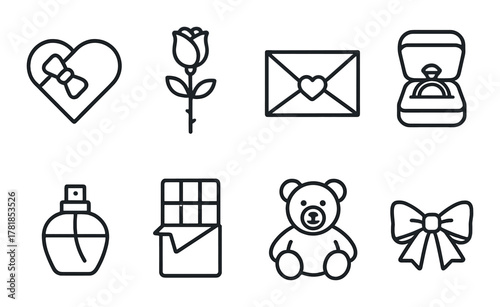 Romantic gift icons: heart, rose, envelope, ring, perfume, chocolate, teddy, bow