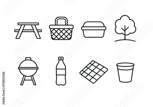 Picnic and bbq icon set: table, basket, bbq, and more
