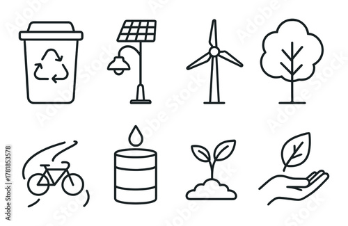 Eco-friendly icons: recycling, renewable energy, sustainability, nature, conservation