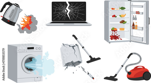 Broken household appliances including flaming iron, shattered laptop, leaking washing machine, messy fridge, and damaged vacuum cleaner in chaos