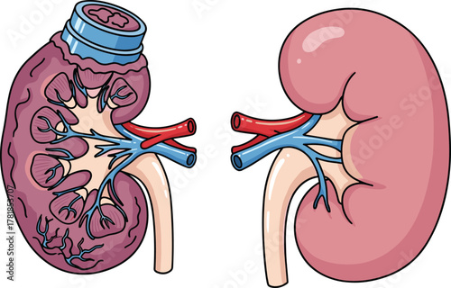 Anatomical illustration of human kidneys showing internal structure and vascular connections for medical and educational purposes