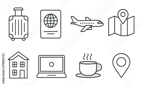 Travel icons: suitcase, passport, airplane, map, house, laptop, coffee, location