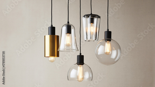 Modern pendant light fixtures with various glass and metal designs