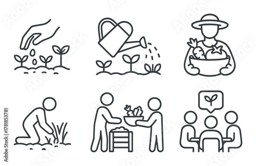 Icons illustrating gardening activities and plant growth