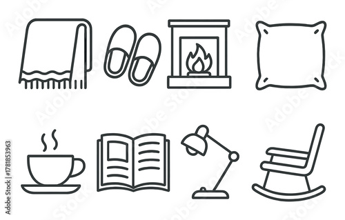 Cozy home symbols: blanket, slippers, fireplace, pillow, cup, book, lamp, rocking chair