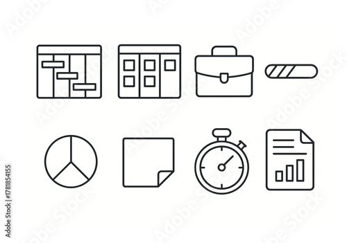 Project management icons: gantt chart, kanban, briefcase, stopwatch, data analysis