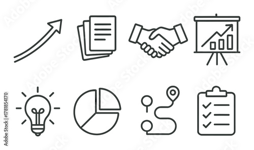 Business strategy icons set featuring chart, handshake, light bulb, and checklist