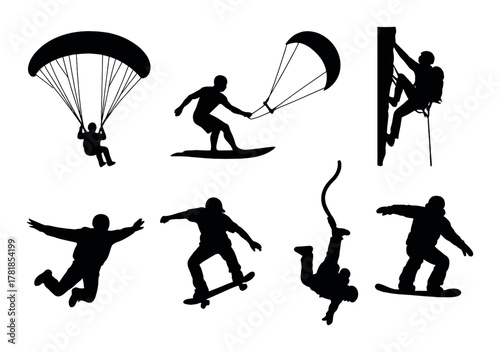 Silhouettes of extreme sports: paragliding, surfing, rock climbing, skateboarding, snowboarding