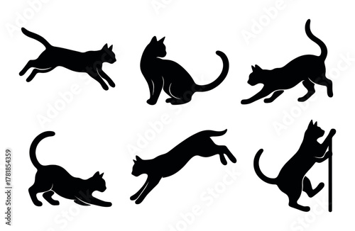 Black cat silhouettes in various playful poses against dark background