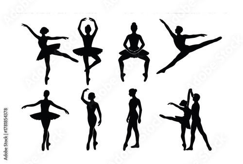 Silhouette ballerinas in elegant dance poses on beige background