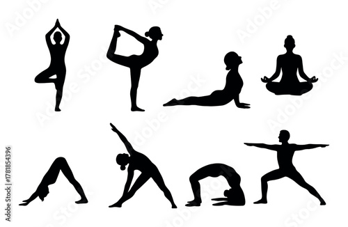 Silhouette yoga poses collection: diverse female practice in various postures