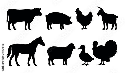 Silhouettes of farm animals: cow, pig, chicken, goat, horse, sheep, duck, turkey