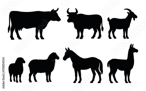 Silhouettes of farm animals: cow, bull, goat, sheep, horse, llama