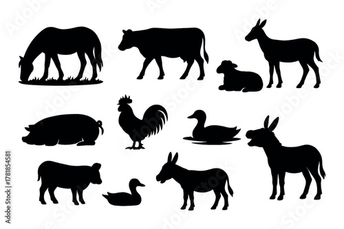 Silhouettes of farm animals including horse, cow, donkey, pig, rooster, duck, lamb