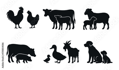 Silhouettes of farm animals: chicken, cow, sheep, pig, goose, goat, dog
