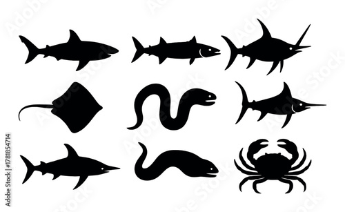 Silhouettes of marine life: shark, swordfish, stingray, eel, crab