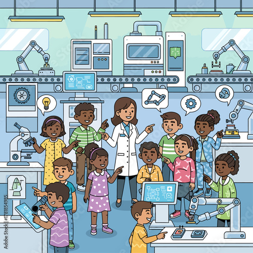 A female scientist teaches a diverse group of children about robotics and automation in a modern factory.
